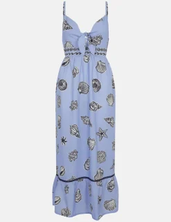Pure Cotton Shell Print V-Neck Beach Dress