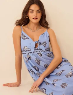 Pure Cotton Shell Print V-Neck Beach Dress