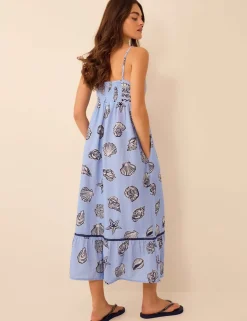 Pure Cotton Shell Print V-Neck Beach Dress