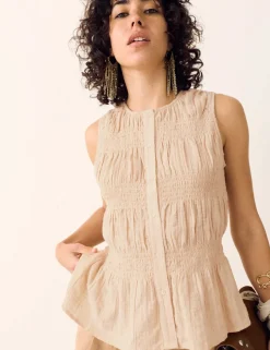 Pure Cotton Shirred Button Through Top