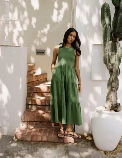 Pure Cotton Shirred Midaxi Tiered Dress