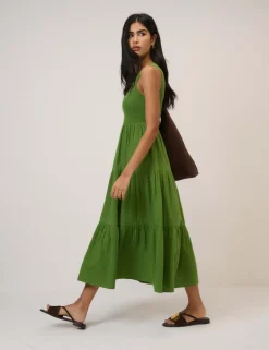 Pure Cotton Shirred Midaxi Tiered Dress
