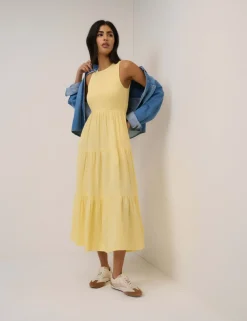 Pure Cotton Shirred Midaxi Tiered Dress