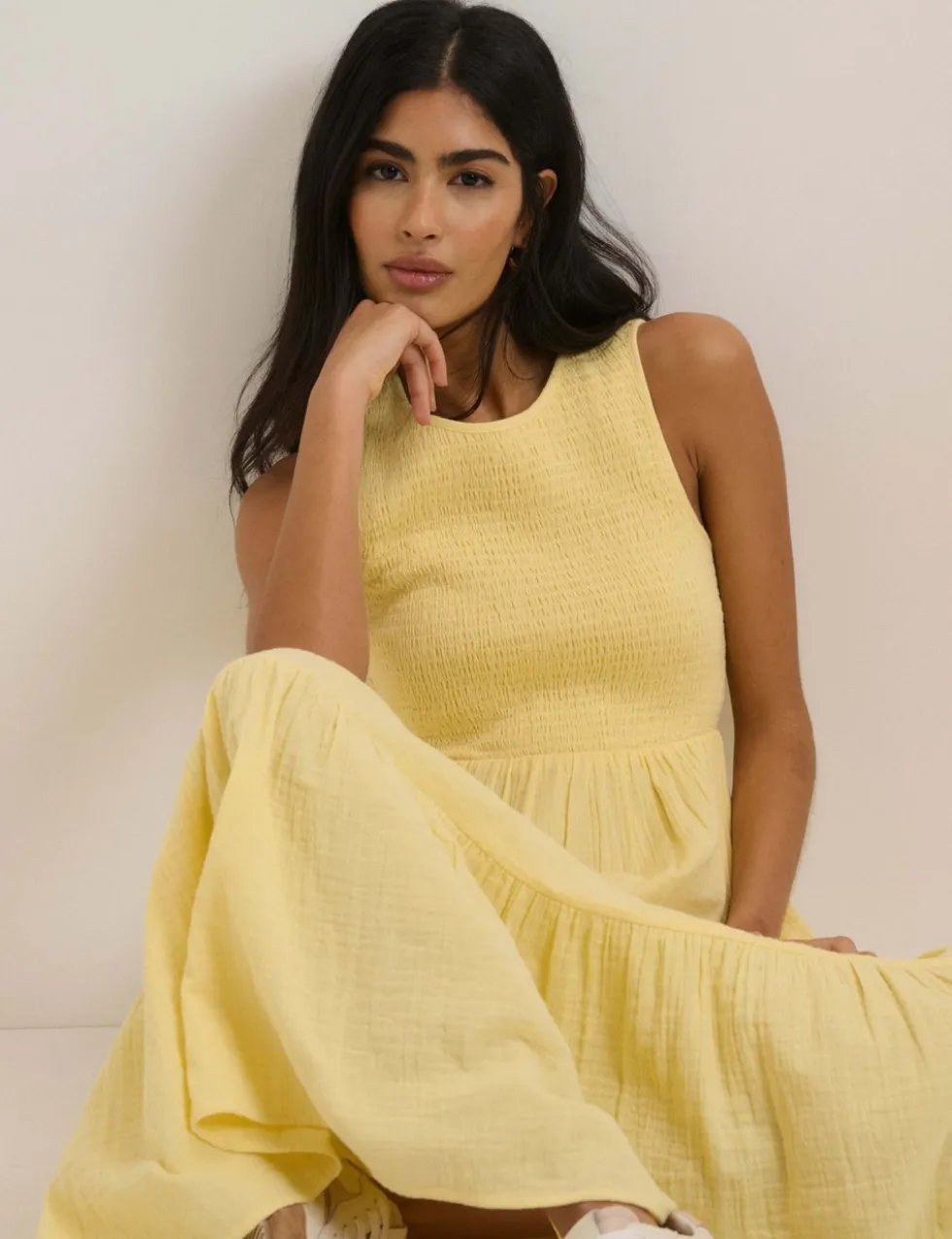 Pure Cotton Shirred Midaxi Tiered Dress
