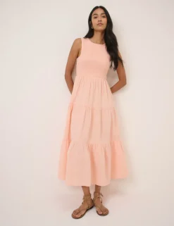 Pure Cotton Shirred Midaxi Tiered Dress