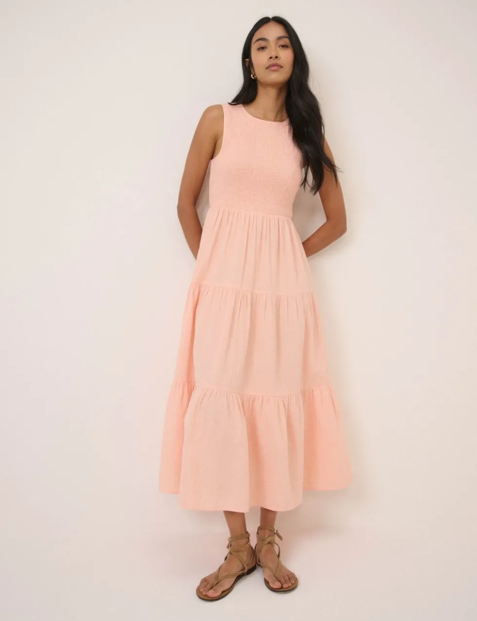 Pure Cotton Shirred Midaxi Tiered Dress