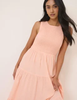 Pure Cotton Shirred Midaxi Tiered Dress