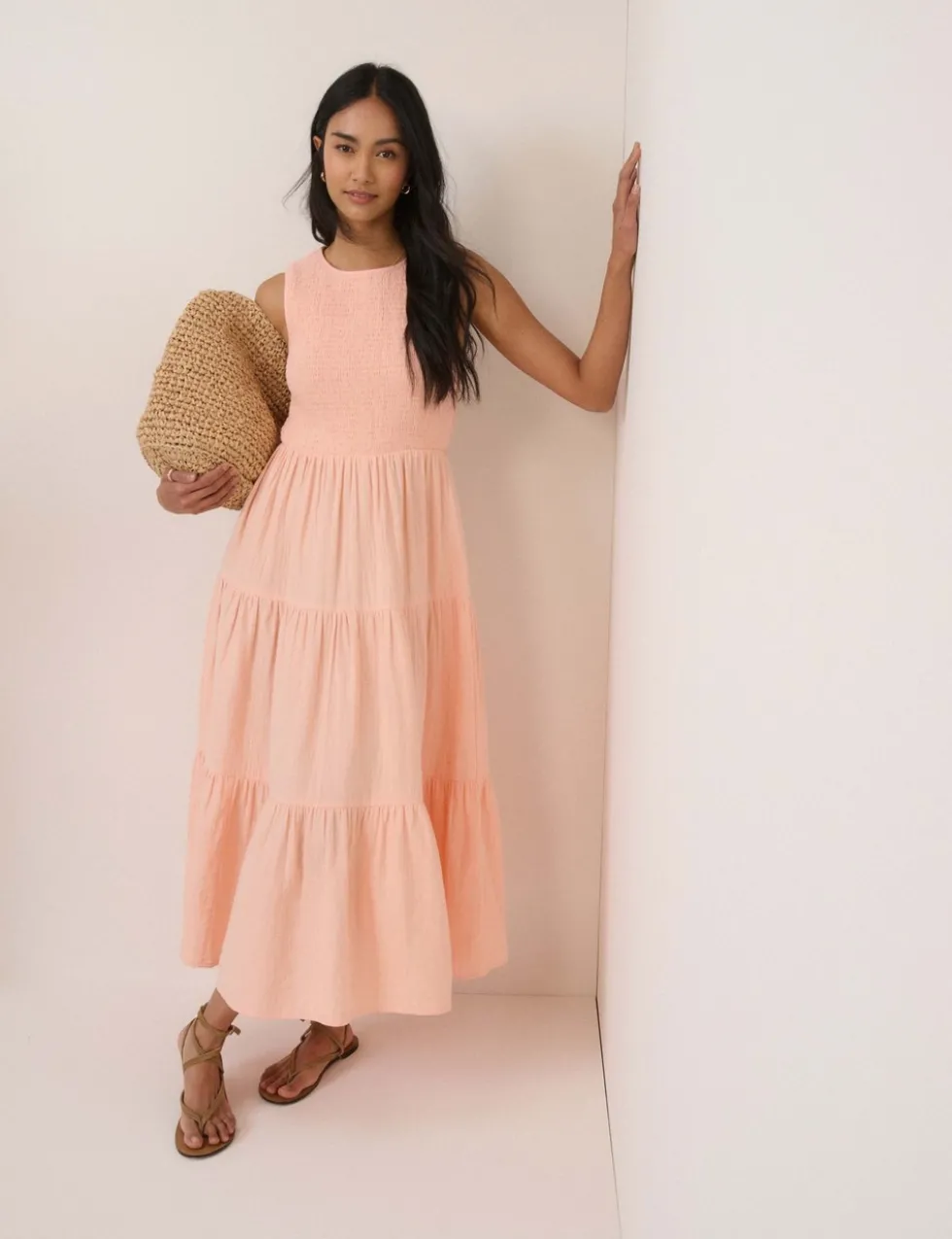 Pure Cotton Shirred Midaxi Tiered Dress