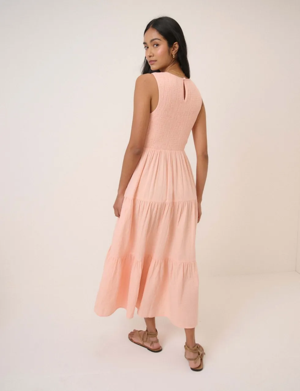 Pure Cotton Shirred Midaxi Tiered Dress
