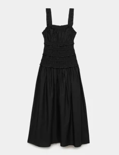 Pure Cotton Shirred Midi Waisted Dress
