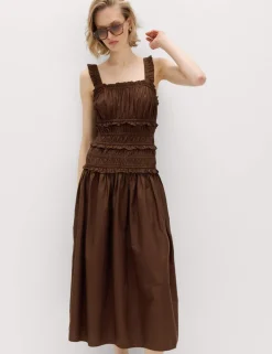 Pure Cotton Shirred Midi Waisted Dress