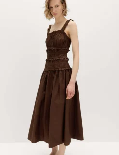 Pure Cotton Shirred Midi Waisted Dress