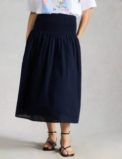 Pure Cotton Shirred Midi A-Line Skirt