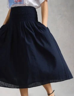 Pure Cotton Shirred Midi A-Line Skirt