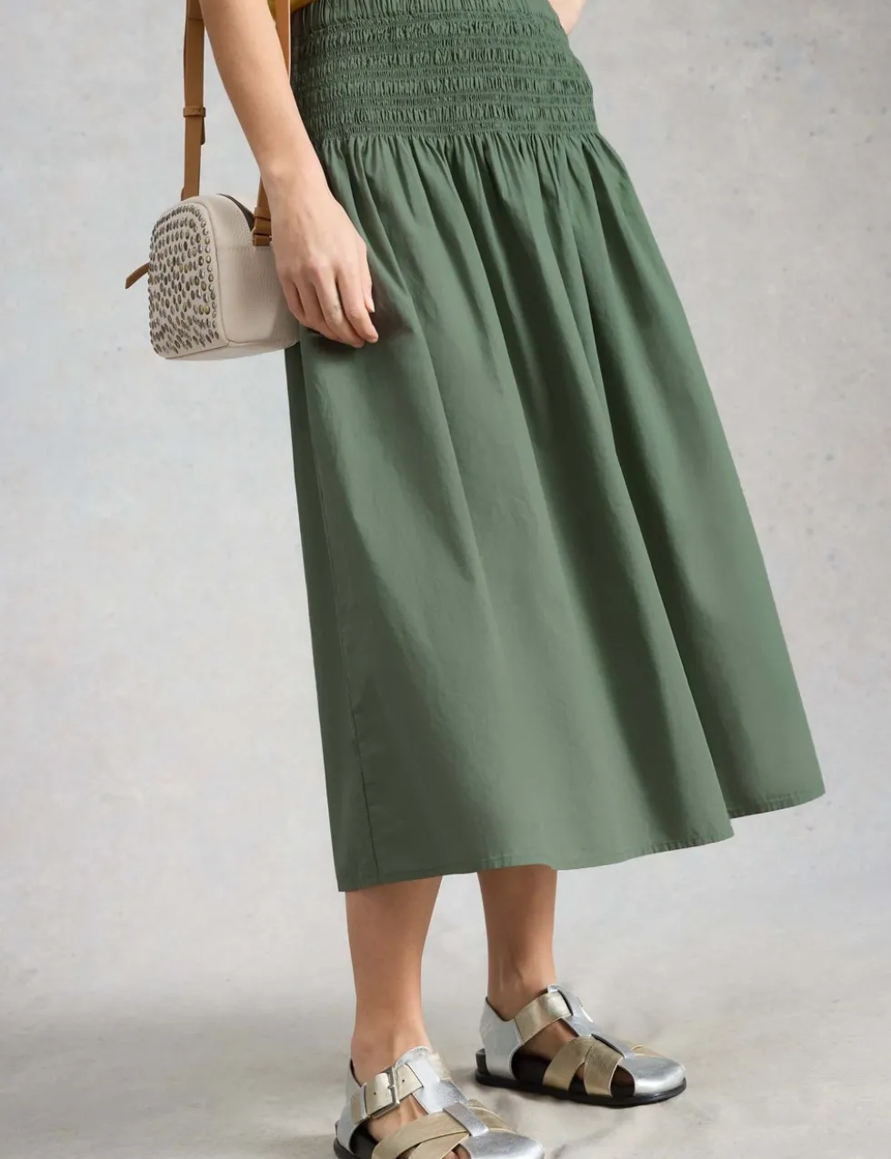 Pure Cotton Shirred Midi A-Line Skirt