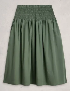 Pure Cotton Shirred Midi A-Line Skirt