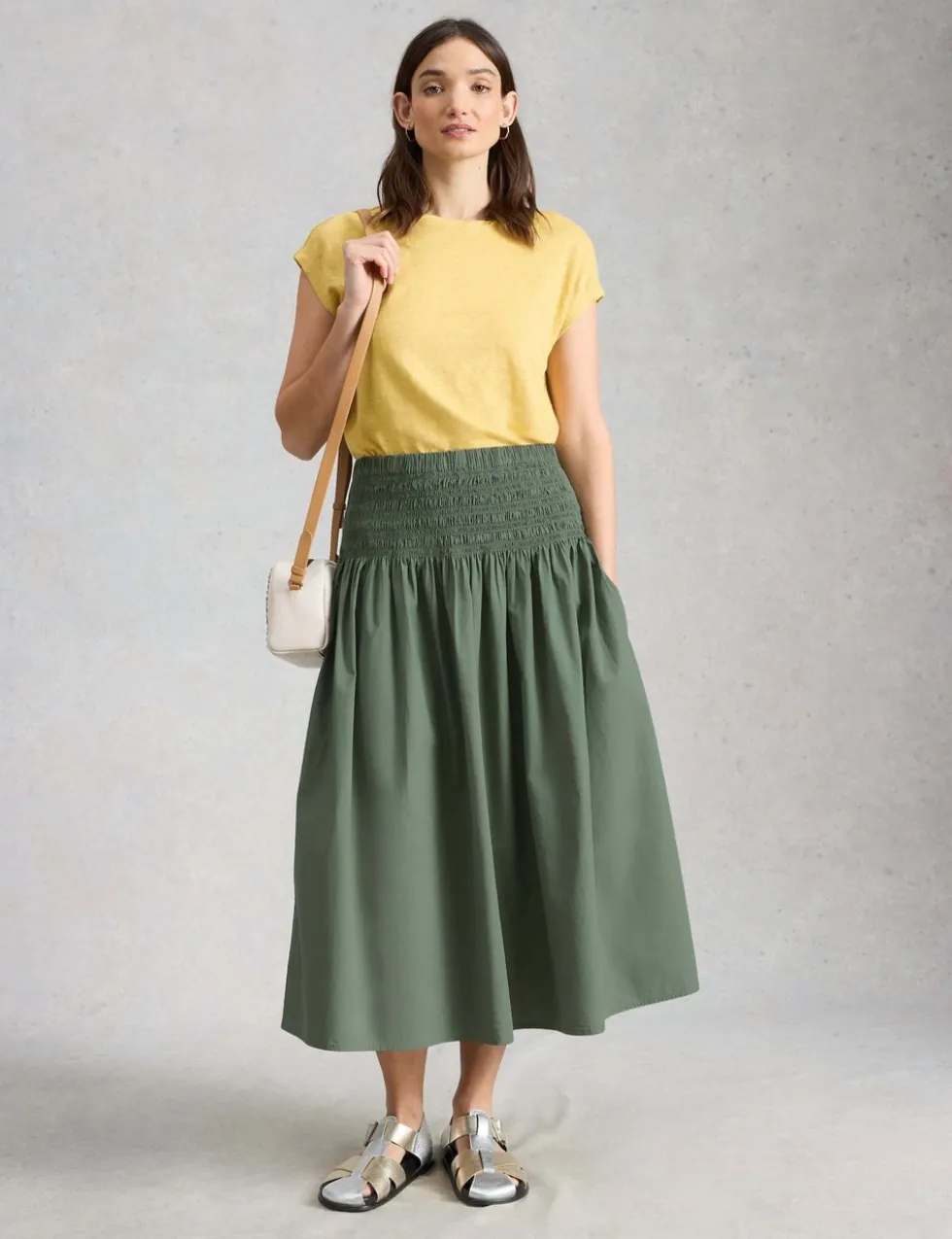 Pure Cotton Shirred Midi A-Line Skirt