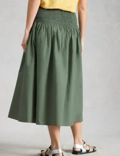 Pure Cotton Shirred Midi A-Line Skirt