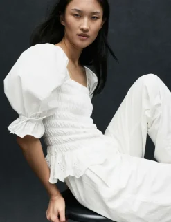 Pure Cotton Shirred Puff Sleeve Top