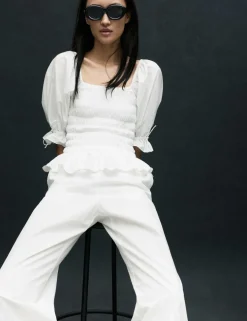 Pure Cotton Shirred Puff Sleeve Top