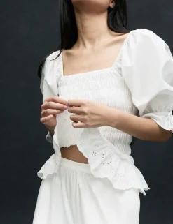 Pure Cotton Shirred Puff Sleeve Top