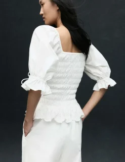 Pure Cotton Shirred Puff Sleeve Top