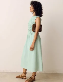 Pure Cotton Shirred Sleeveless Midi Dress