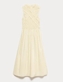 Pure Cotton Shirred Sleeveless Midi Dress