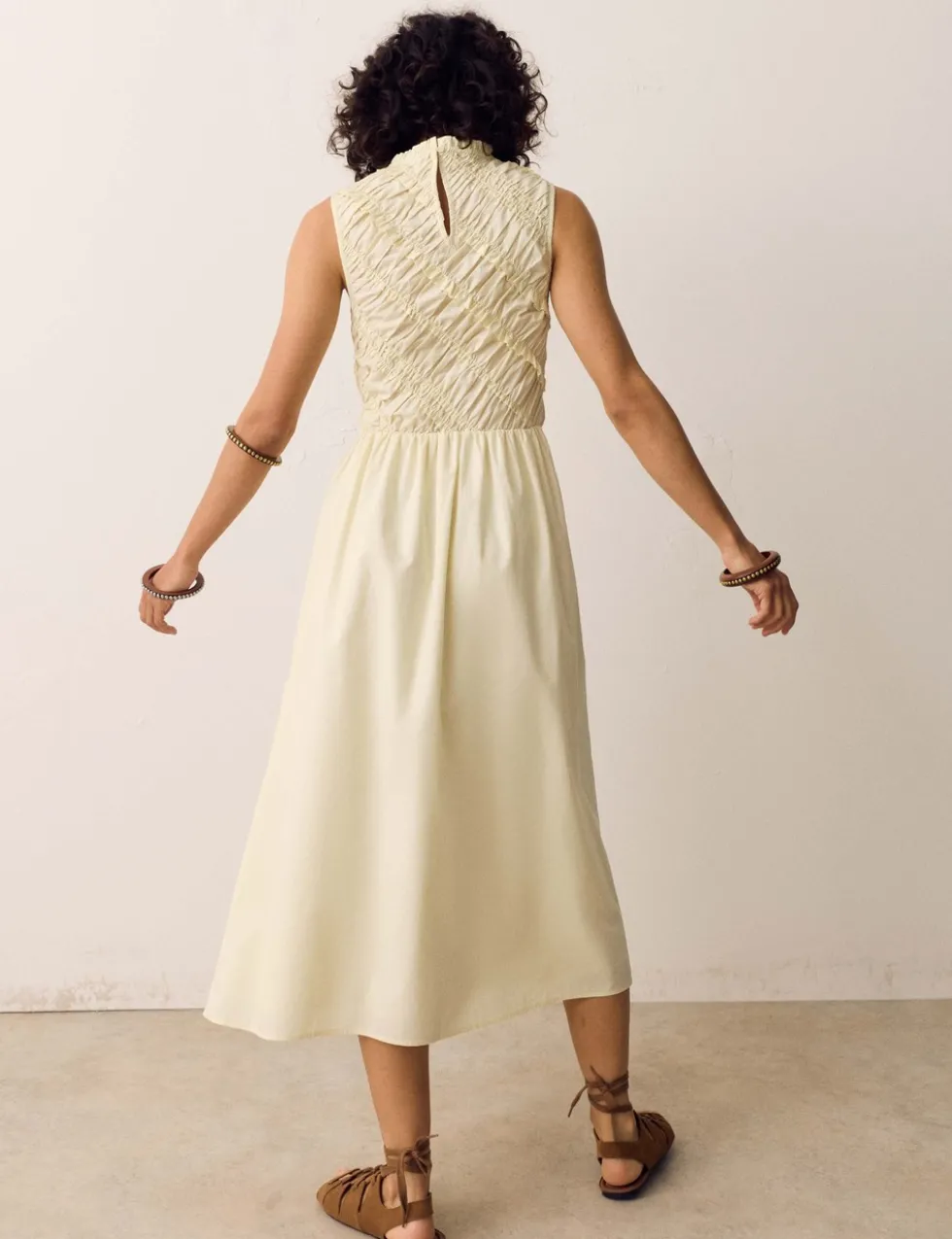 Pure Cotton Shirred Sleeveless Midi Dress