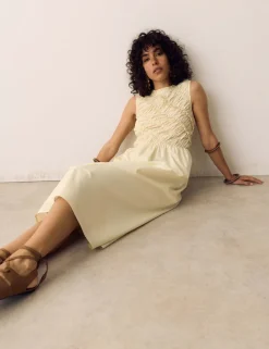 Pure Cotton Shirred Sleeveless Midi Dress