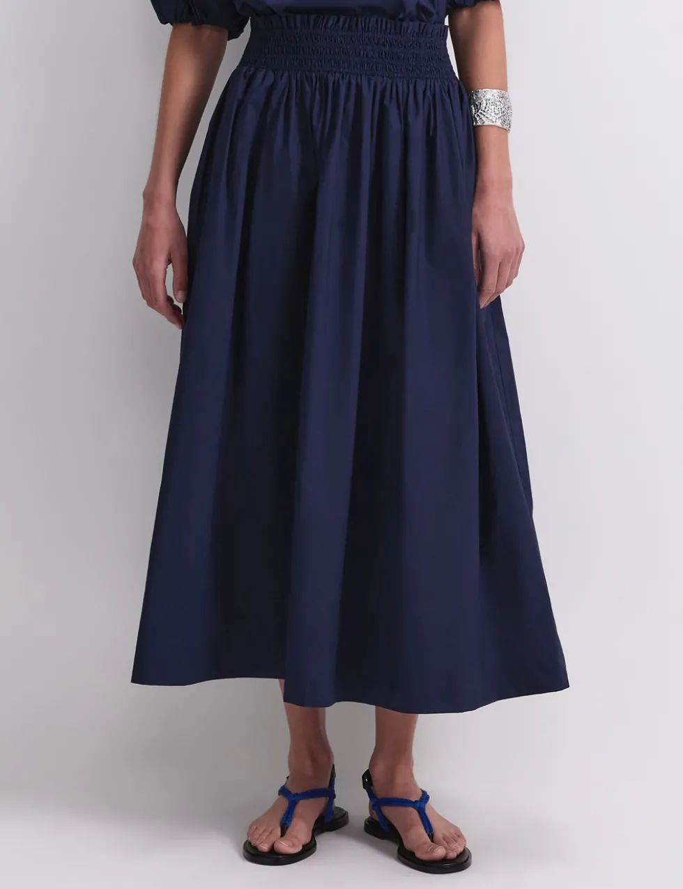 Pure Cotton Shirred Waist Midi Skirt