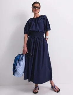 Pure Cotton Shirred Waist Midi Skirt