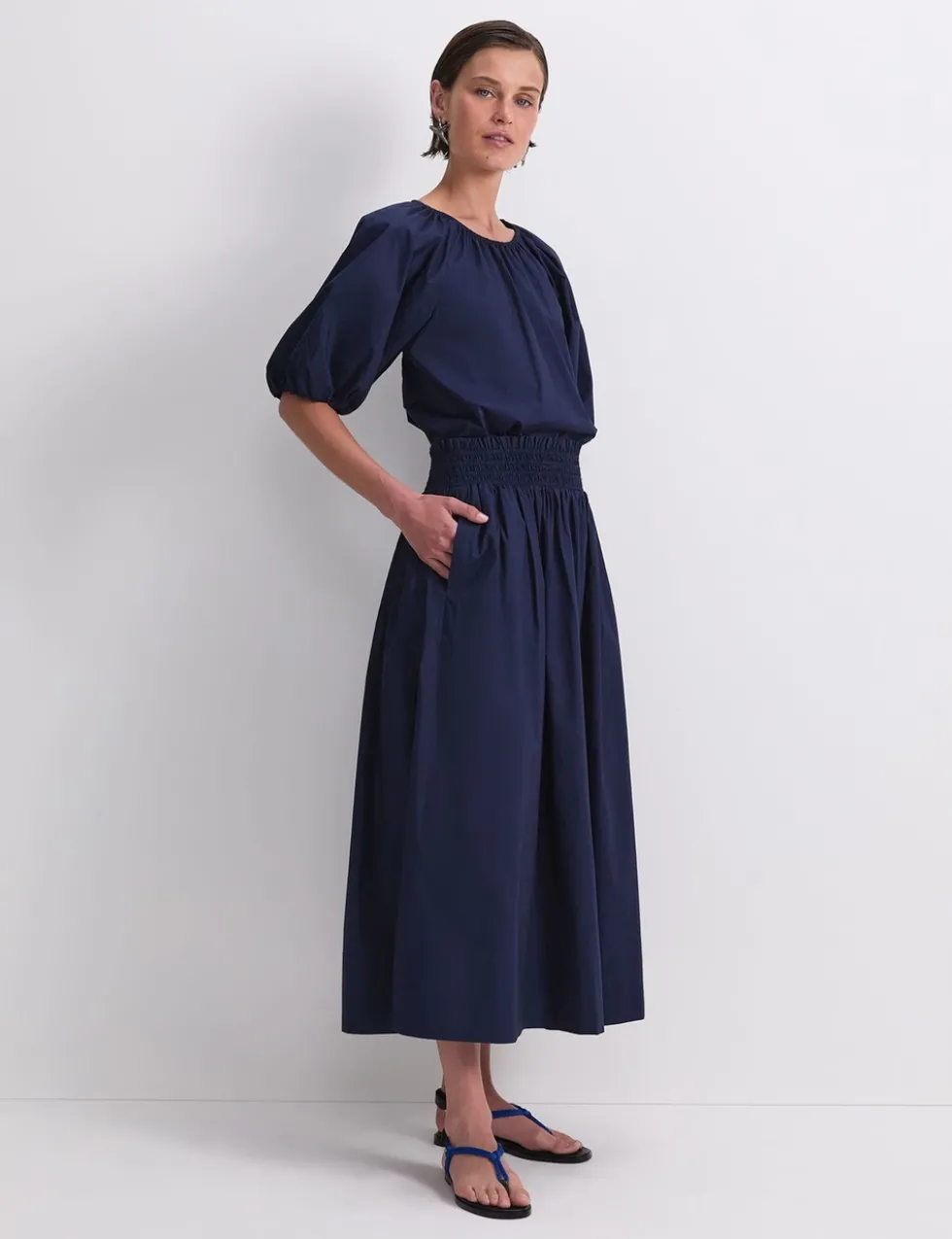 Pure Cotton Shirred Waist Midi Skirt