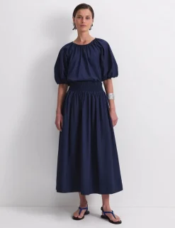 Pure Cotton Shirred Waist Midi Skirt
