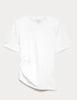 Pure Cotton Shoulder Pad Asymmetric Hem T-Shirt