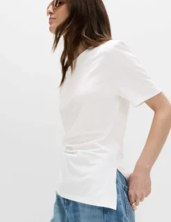 Pure Cotton Shoulder Pad Asymmetric Hem T-Shirt