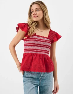 Pure Cotton Smocked Frill Shoulder Top