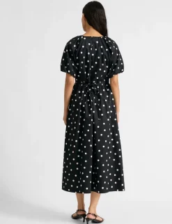 Pure Cotton Spot Print Midi Waisted Dress