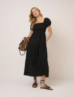 Pure Cotton Square Neck Midi Tiered Dress