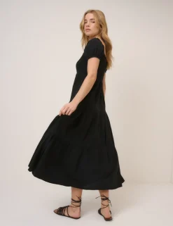 Pure Cotton Square Neck Midi Tiered Dress