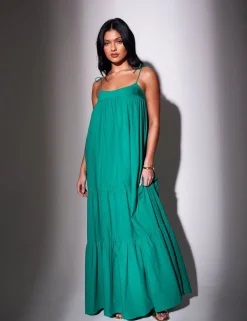 Pure Cotton Square Neck Maxi Tiered Dress