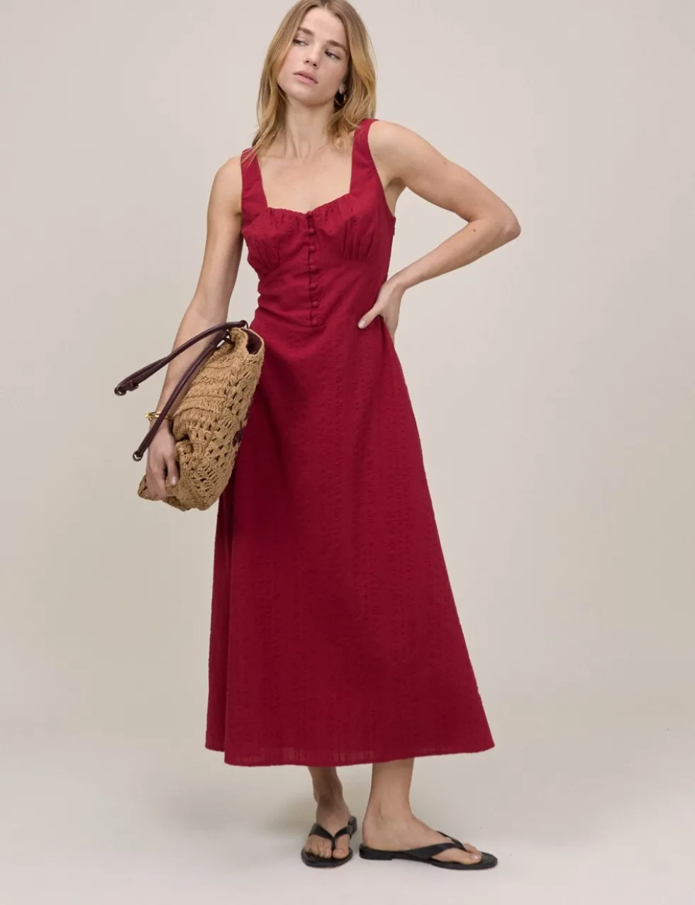 Pure Cotton Square Neck Midi Waisted Dress