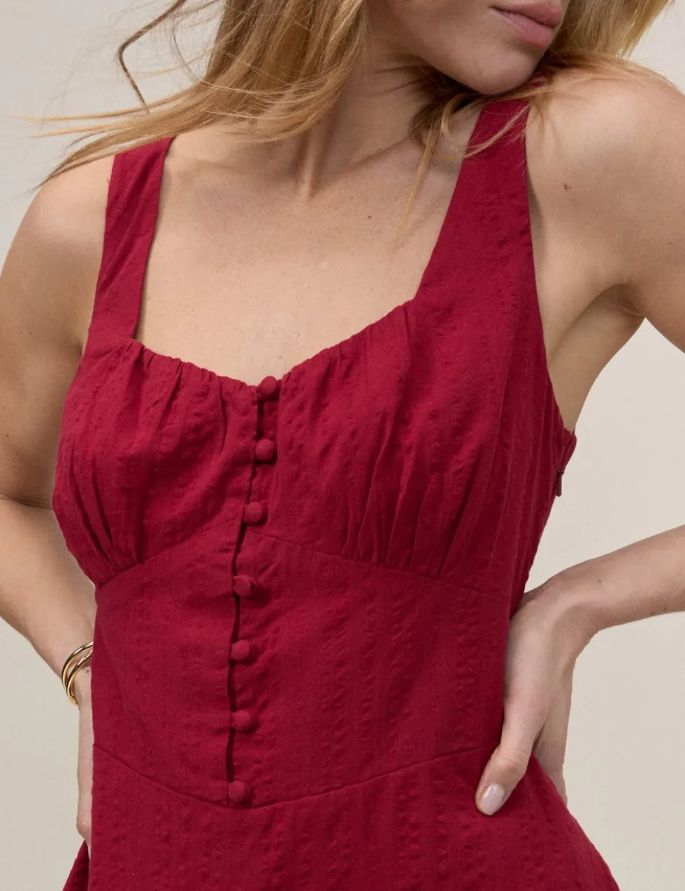 Pure Cotton Square Neck Midi Waisted Dress