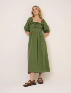 Pure Cotton Square Neck Midi Waisted Dress