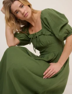 Pure Cotton Square Neck Midi Waisted Dress