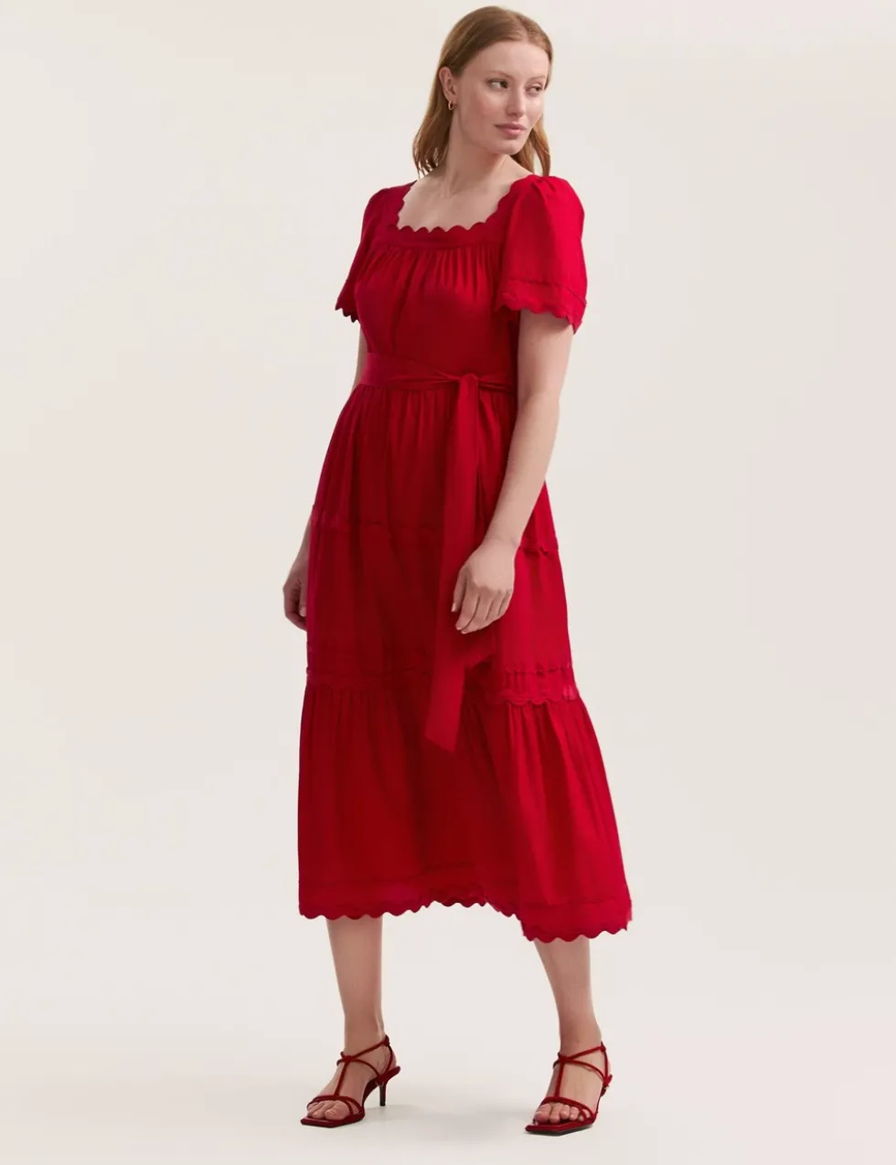 Pure Cotton Square Neck Midi Tiered Dress