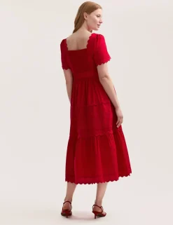 Pure Cotton Square Neck Midi Tiered Dress