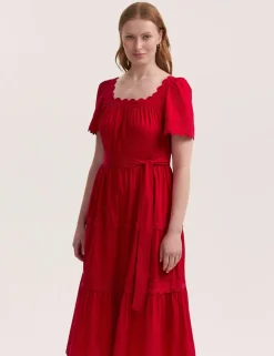 Pure Cotton Square Neck Midi Tiered Dress
