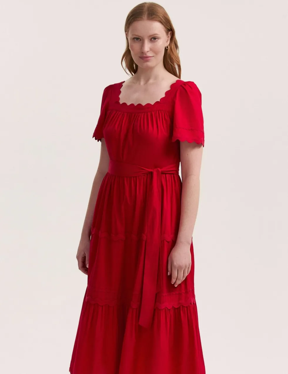 Pure Cotton Square Neck Midi Tiered Dress
