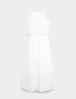 Pure Cotton Square Neck Strappy Midaxi Waisted Dress